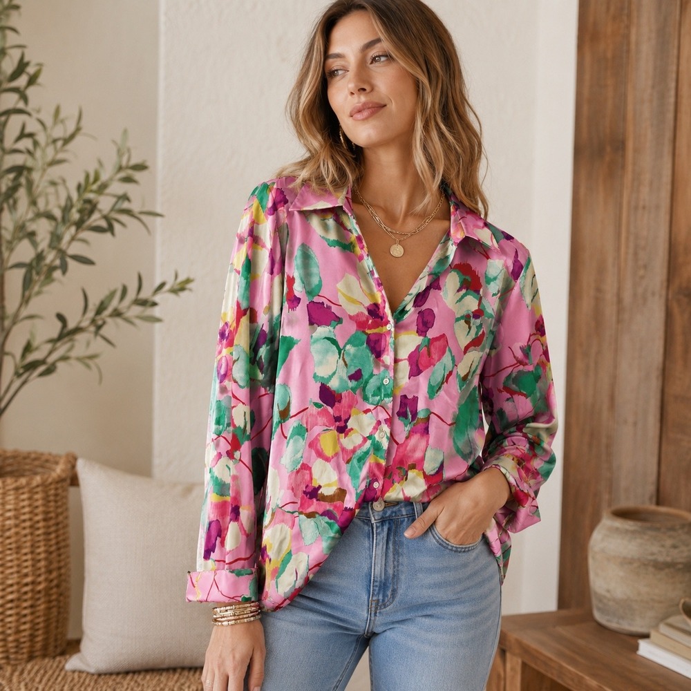 Zara Pink Floral Satin Button Down Shirt Long Sleeve Watercolor Blouse Small